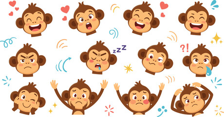 Fototapeta premium Cute Cartoon Monkey Emoji Face Set with Funny Emotions, Expressions, Hearts, Stars and Playful Kawaii Character StickersCute Cartoon Monkey Emoji Face Set with Funny Emotions, Expressions, Hearts, Sta