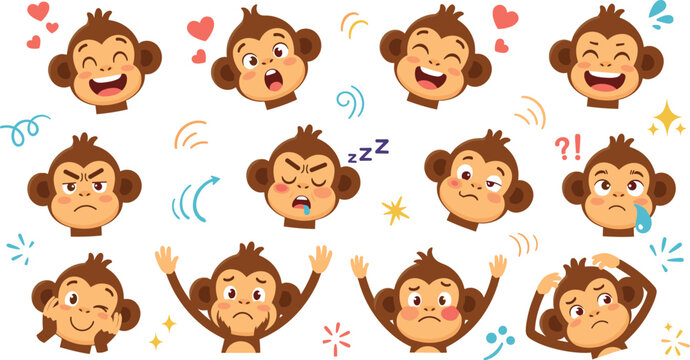 Cute Cartoon Monkey Emoji Face Set with Funny Emotions, Expressions, Hearts, Stars and Playful Kawaii Character StickersCute Cartoon Monkey Emoji Face Set with Funny Emotions, Expressions, Hearts, Sta
