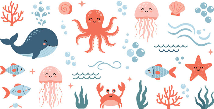 PrintCute cartoon sea animals collection with whale octopus jellyfish crab starfish coral fish bubbles colorful marine life vector setCute cartoon sea animals collection with whale octopus jellyfish c