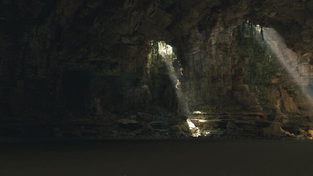 Wide still lagoon under cavern skylights in Waitomo Glowworm Caves, panoramic calm with reflective water, distant shafts of light, textured cavern walls