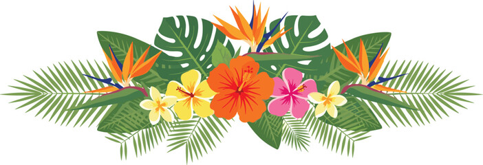 Tropical Floral Border Vector with Hibiscus Bird of Paradise and Monstera Leaves for Summer Party Headers Exotic Vacation Banners and Botanical Island Graphic Designs © MstRakha