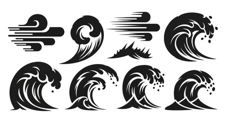 Fototapeta premium Black wave designs in various styles on transparent background silhouette