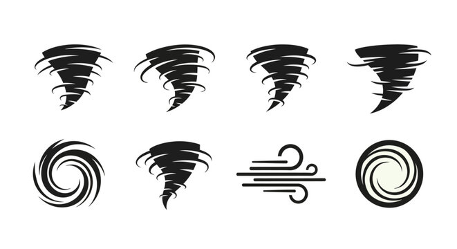 Collection of swirling vortexes and wind graphics on transparent background silhouette