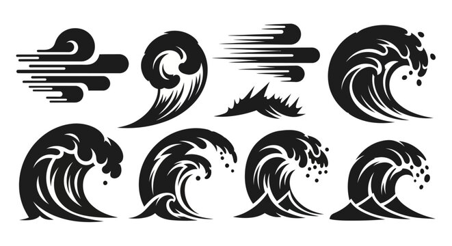 Black wave designs in various styles on transparent background silhouette