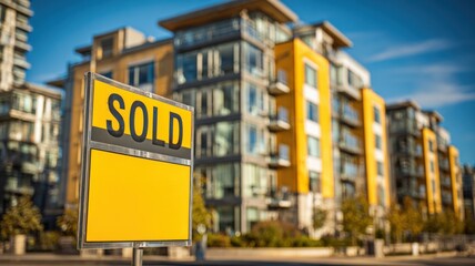 Obraz premium Sold Sign in Front of Modern Condominium Building, Real Estate Investment and Development Concept