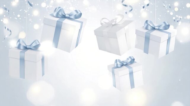 Floating white gift boxes with blue ribbons and bokeh against a light background