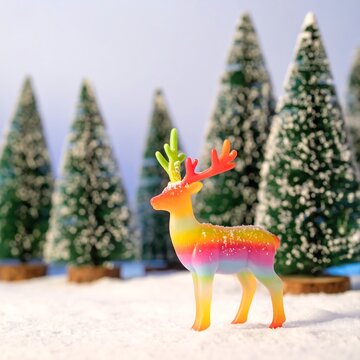 A rainbow-colored reindeer toy stands in snowy landscape with trees