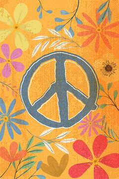 Peace symbol with colorful flowers hand drawn painted on orange background with ink stains from risograph defect printing