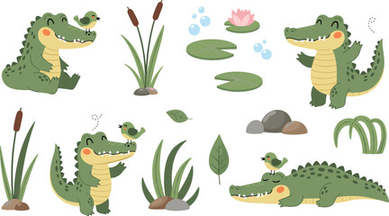 Cute crocodile and alligator character collection with lily pads cattails swamp nature elements and little bird friends for kids.Cute crocodile and alligator character collection with lily pads cattai © Mominul