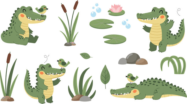 Cute crocodile and alligator character collection with lily pads cattails swamp nature elements and little bird friends for kids.Cute crocodile and alligator character collection with lily pads cattai