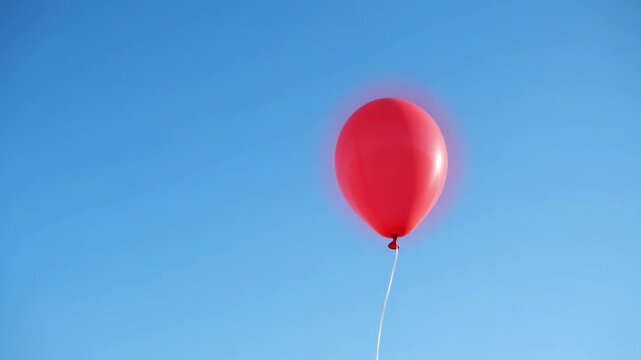 The video depicts a single red balloon floating upward against a clear blue sky