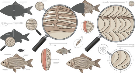 Fish Scale Texture Observation Vector Set Featuring Magnifying Glass Views, Detailed Fish Anatomy, and Scientific Study Illustration for Biology Research © MdShakil