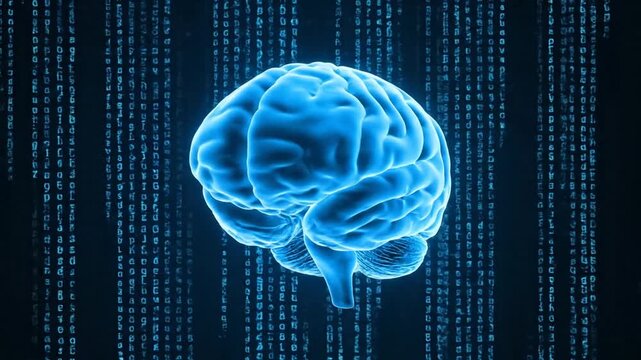 Glowing blue brain with digital code.