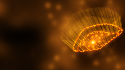 Abstract neon leaf with glowing particles on dark background, orange illustration with copy space