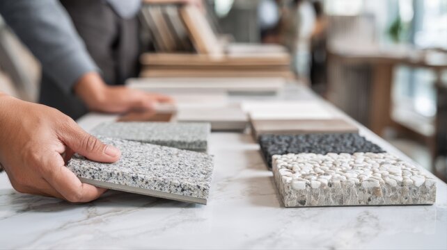 Interior Designer Selecting Tiles for Renovation Project Featuring Marble Countertop in Showroom