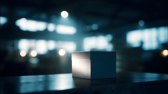 a small white box with a distinct design, prominently placed against a blurred background that sugge
