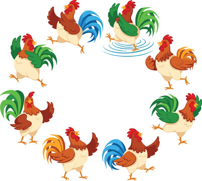 Funny Rooster Fishing Mascot Illustration Set with Cartoon Chicken Fisherman in Various Poses including Holding Fishing Rod Catching Fish and Cheering for Outdoors Branding