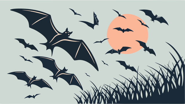 Spooky Bats Swarm Dark Sky Near Orange Moon Silhouette for Halloween Holiday Flyers and Spooky Web Design Projects