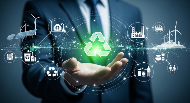 Businessman with digital eco recycling interface perfect for green technology concepts and sustainable industrial development