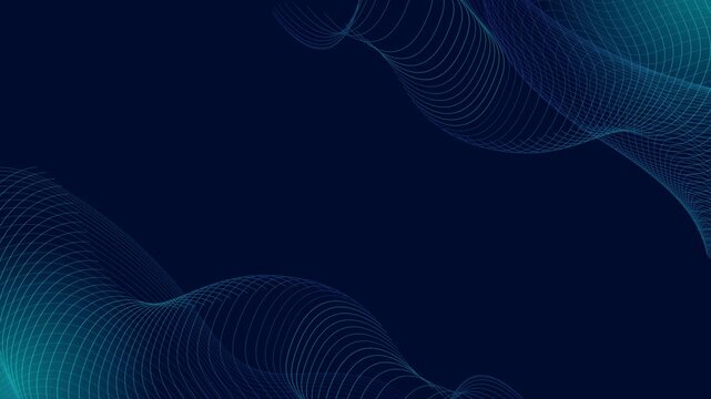 Abstract technological dark blue background with a moving digital grid of turquoise and blue neon lines and copy space. Animation of geometric waves as moving wireframe surfaces