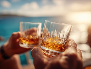 Fototapeta premium Luxury Lifestyle Celebration: Toasting with Whiskey Glasses Against a Beautiful Ocean Backdrop, Representing Success and Relaxation