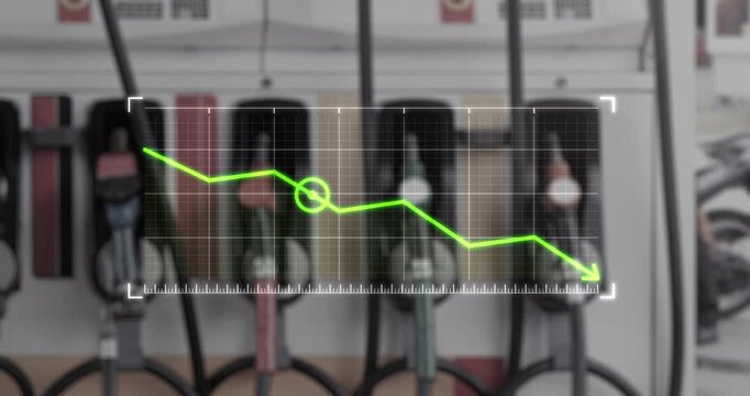 Petrol station nozzle cabinet at fuel service station, downward trending graph and arrow, representing decrease in fuel prices and declining energy market costs. Trend of falling gasoline diesel price