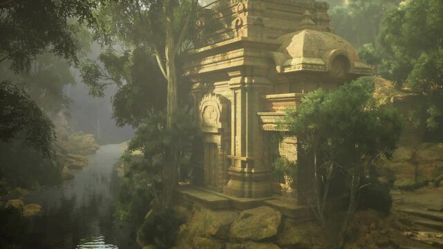 Solitary Chacoinspired temple tower rising amid dense trees and rock outcrops, morning mist softens forms, scene suggests remote ritual site and field