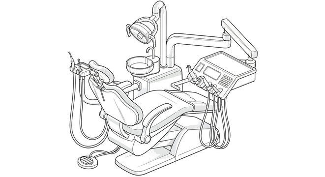 Illustration of a modern dental chair and associated equipment setup