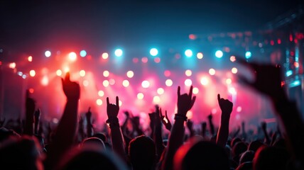 Naklejka premium Excited Crowd Enjoying a Concert with Raised Hands Under Bright Stage Lights at Night