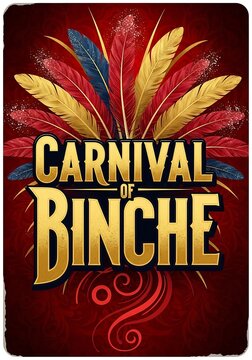 Vibrant carnival of binche poster with feathers and gold text on red