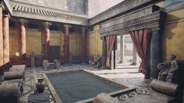 Spacious reception hall with central pool and draped entry, carved lion statues and patterned mosaic creating dignified ceremonial mood, warm daylight