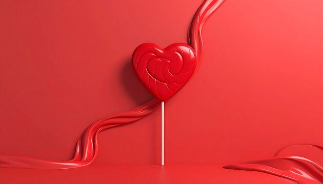 A red heart-shaped lollipop on a white stick against a red background