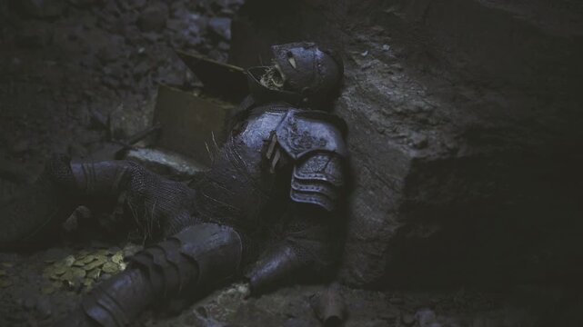 Armored sentinel slumped against rock, chest halfopen and coins spilling, heavy darkness with subtle rim light creates melancholic tableau of duty ended
