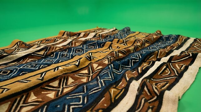 Authentic African Mud Cloth Textile with Geometric Patterns on Green Background