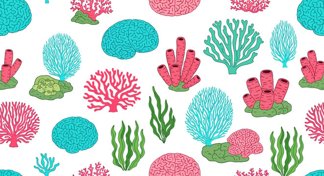 Vibrant coral reef pattern with colorful sea fans and coral formations