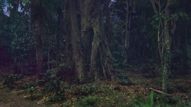 Massive mossy trunk with textured bark and root base, deep shadows and rich detail emphasize age, resilience, and forest character for editorial use.