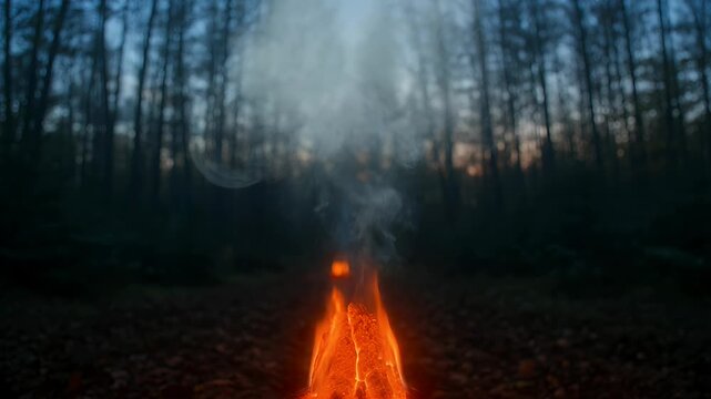Intense orange fire and rising smoke against a deep, dark, blurred forest backdrop