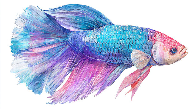 A colorful betta fish with vibrant blue and pink fins swimming