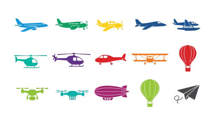 Colorful icons depicting various types of aircraft and flying vehicles © Momtaj