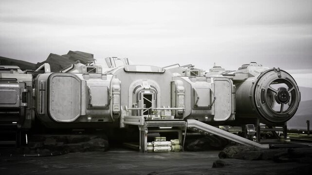 Coastal research instrument on pebbled shore, weathered metal housing with heavy connectors and cable leads, overcast sky and muted monochrome tones, stormready