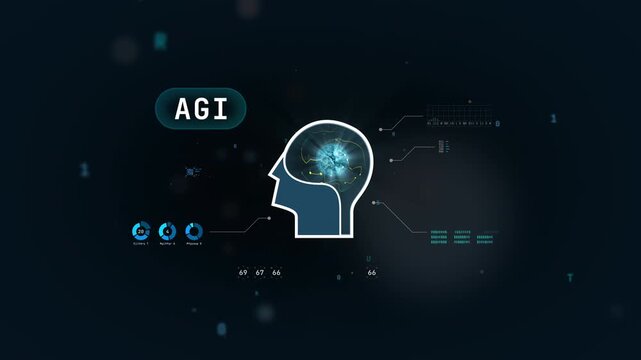 Futuristic AGI digital brain and automation concept with HUD data interface animation, Seamless Loop.
