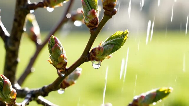 Close-up of budding leaves on a sunlit branch after rain; fresh green shoots, glistening droplets, soft bokeh background