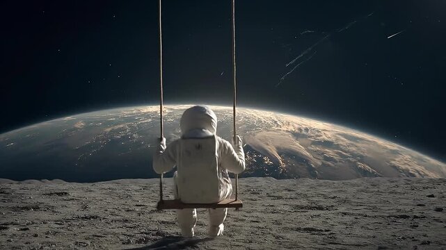 An astronaut sits on a wooden swing on the Moon&rsquo;s gray surface, Earth glowing on the horizon&mdash;a whimsical, surreal space moment captured in vivid detail