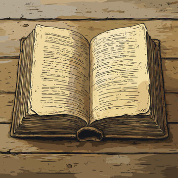 Open antique book on wood , vector style simple color
