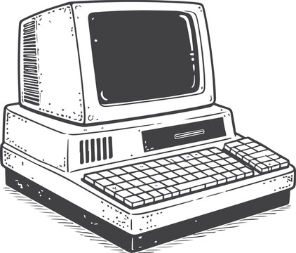 Vintage Retro Computer Illustration &ndash; Classic Desktop PC with CRT Monitor in Engraving Style Vector