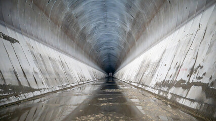 Fototapeta premium Interior view of a concrete lined water tunnel at a dam construction site, showing smooth curved walls and water flow along the base.