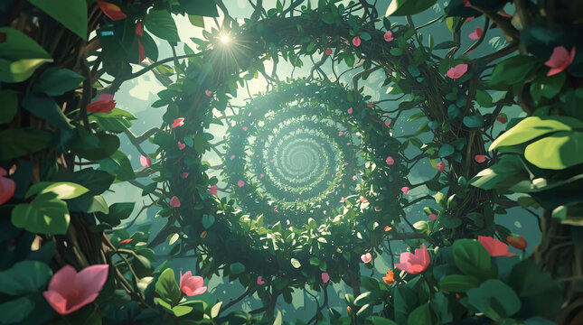 Infinite Lush Green Jungle Winding in a Mystical Impossible Geometry Spiral with Floating Pink Blossoms, Bathed in Soft Fantasy Volumetric Lighting