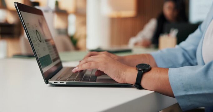 Chart, hands or typing on laptop screen at desk for income report, market trends or valuation. Analyst staff, person or tech with graphs in office for forecasting, finance modeling or KPI performance