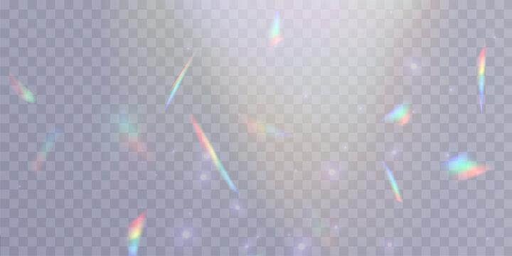 Blurred rainbow refraction overlay effect. Light lens prism effect on transparent background. Holographic reflection, crystal flare leak shadow overlay. Vector abstract illustration.
