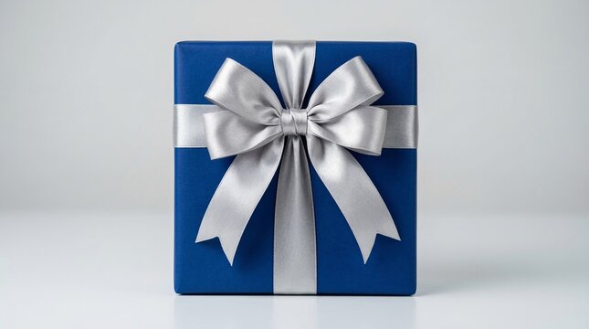Beautifully wrapped blue gift box with a large silver bow on top for special occasions and celebrations